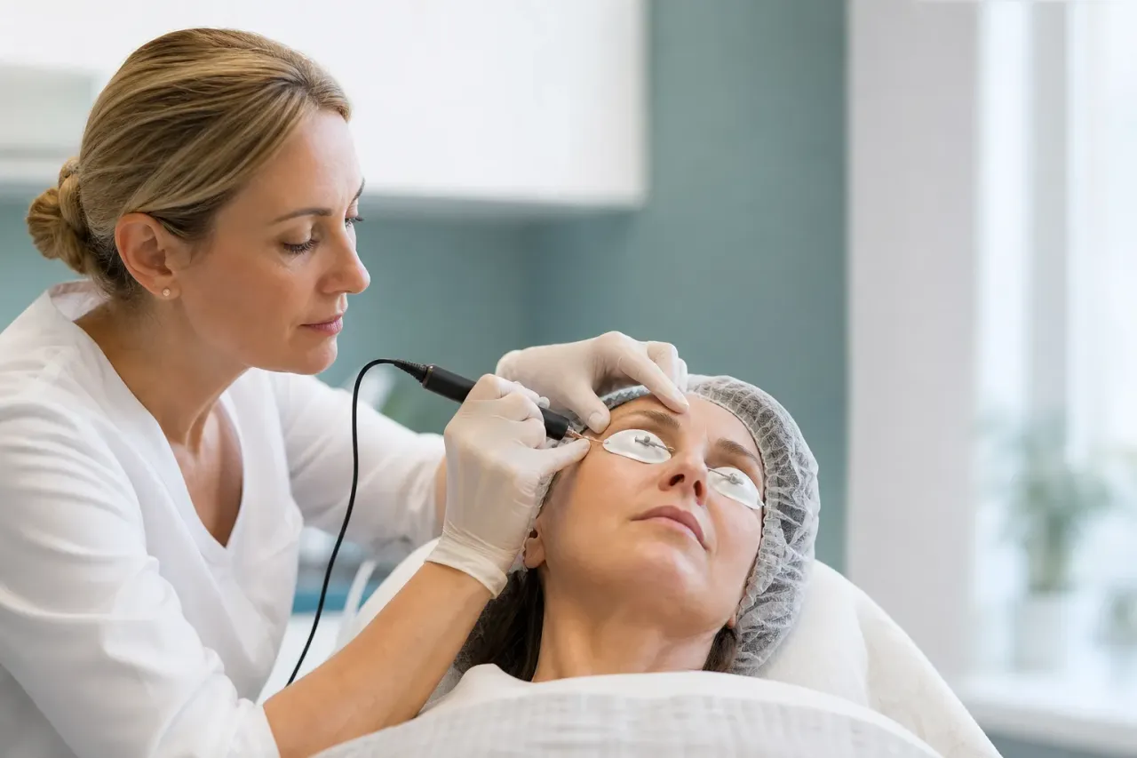 Medico che tratta la palpebra superiore con un dispositivo al plasma, occhi della paziente protetti