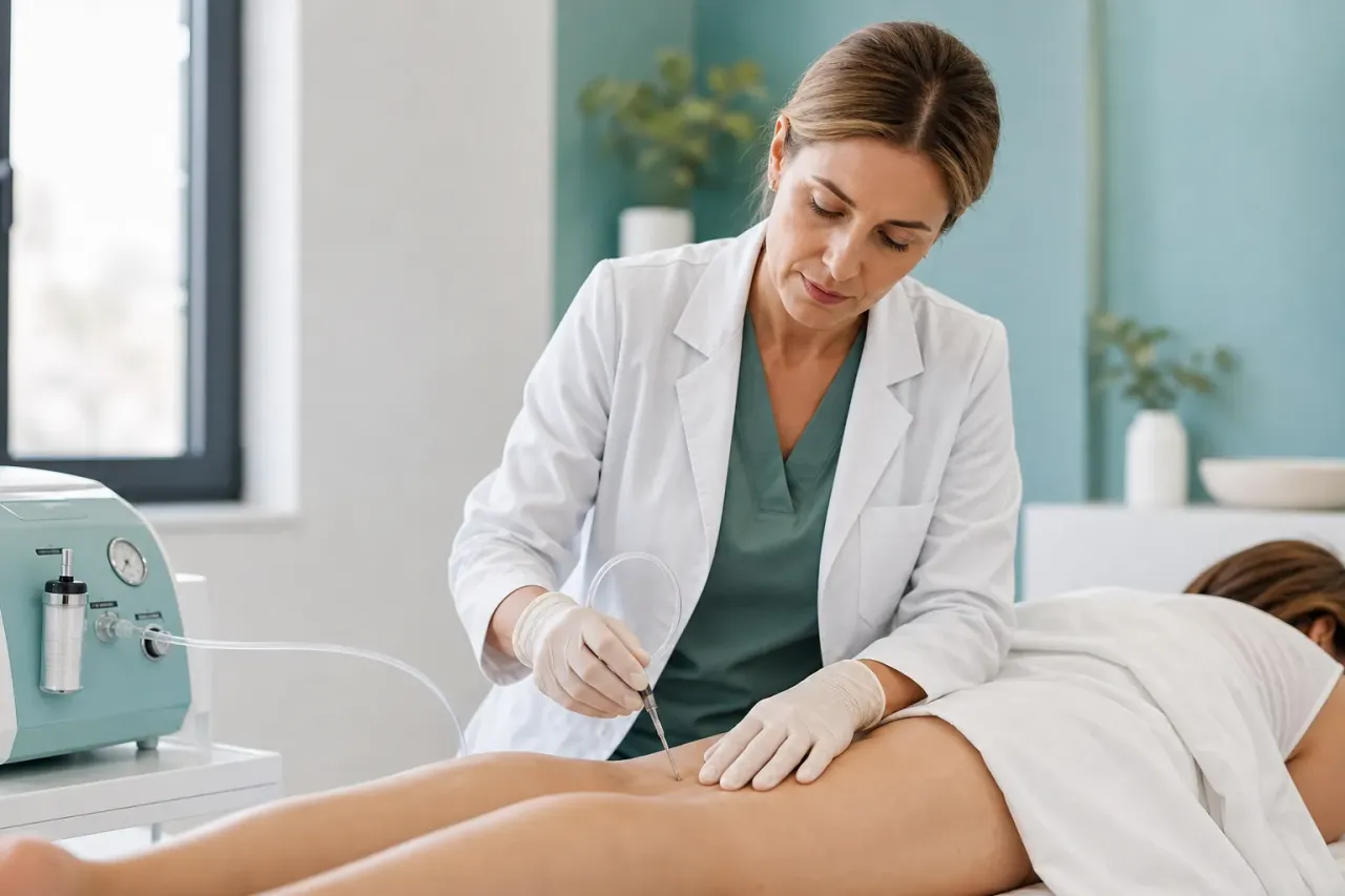 Medico che esegue una carbossiterapia con un ago sottile collegato all’apparecchio medicale