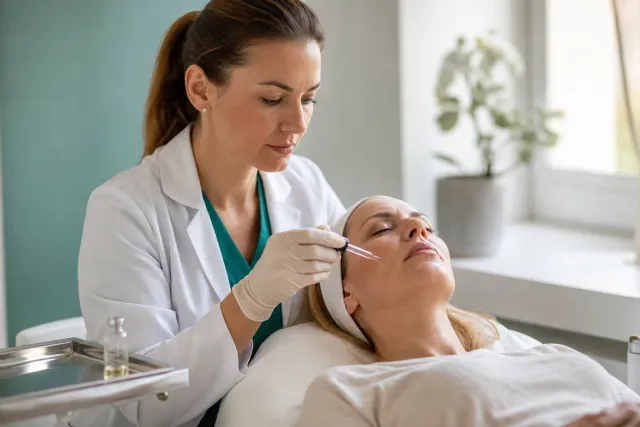 Medico che applica un siero rigenerativo sul viso di una paziente distesa