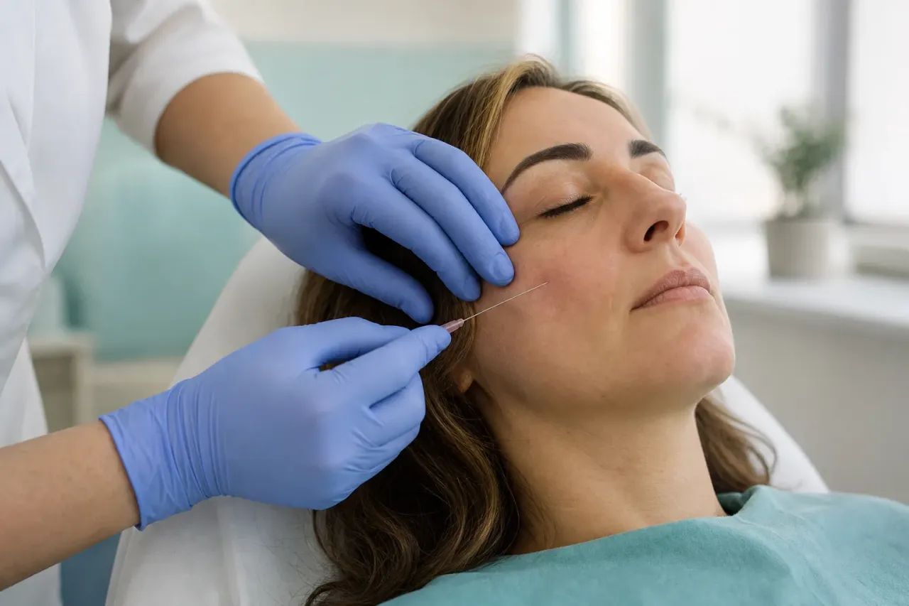 Mani guantate di un medico che inseriscono un filo di biostimolazione nella guancia