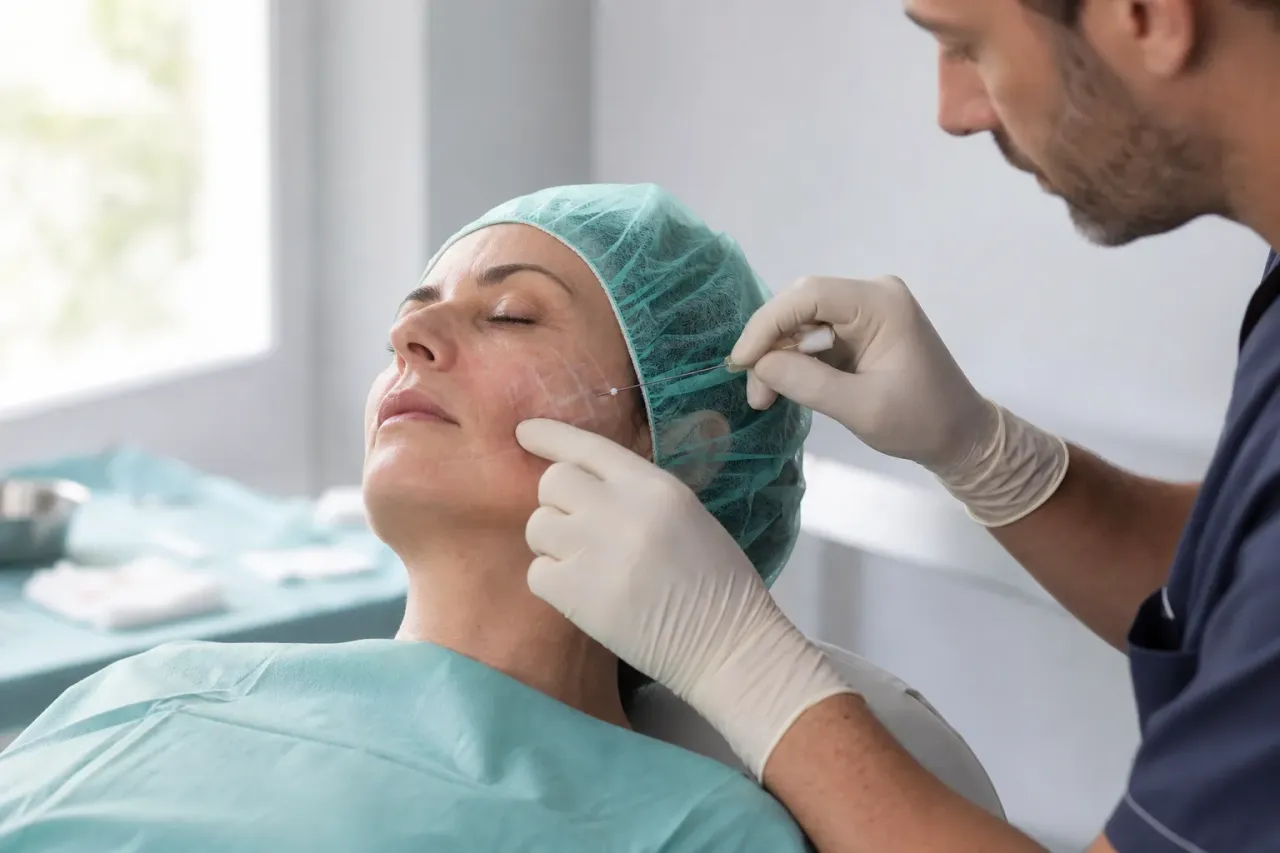 Medico che esegue un trattamento con fili di trazione nella zona centrale del viso