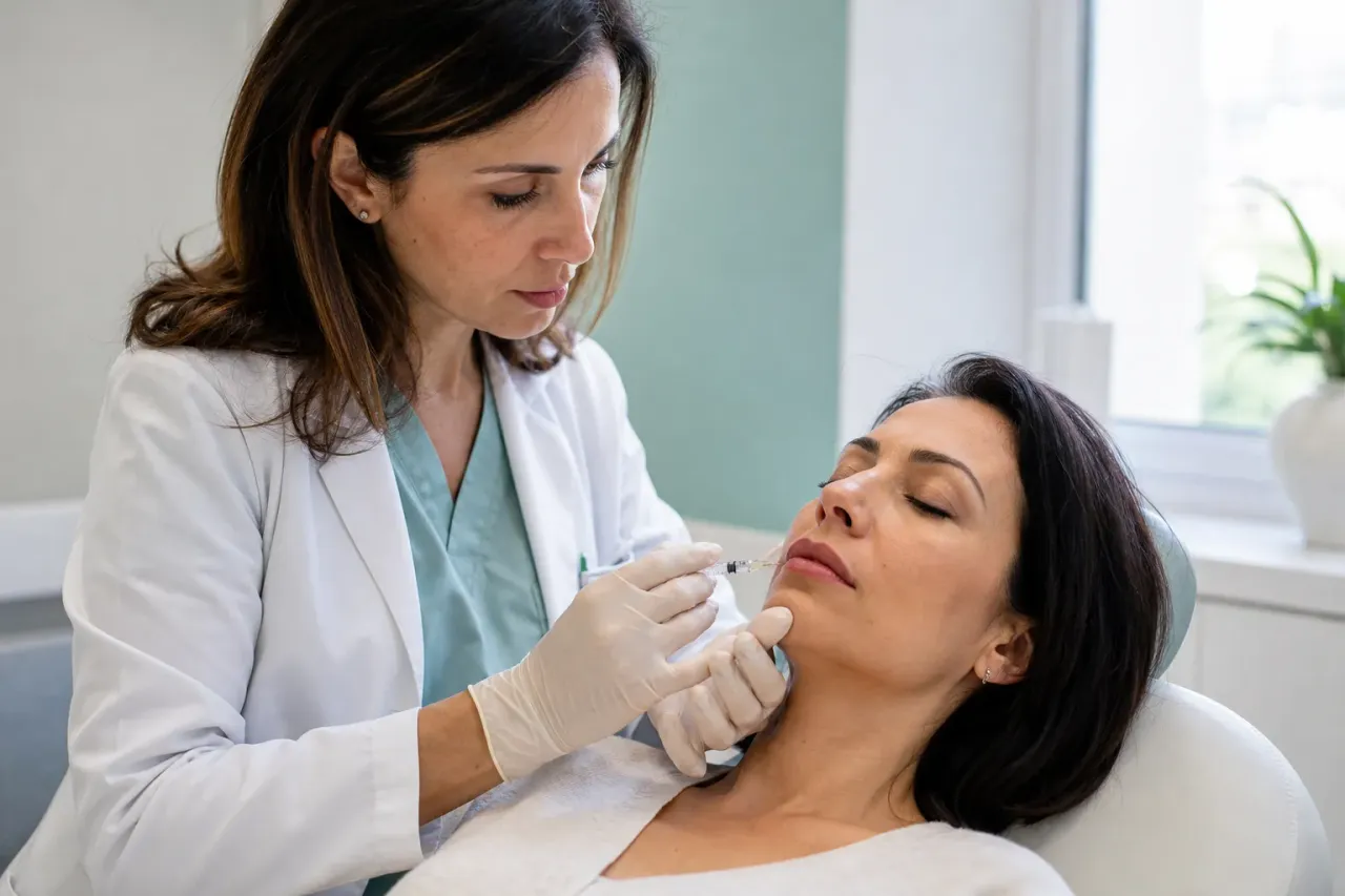 Medico che esegue un filler alle labbra di una paziente distesa