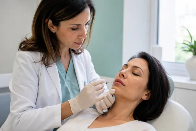 Medico che esegue un filler alle labbra di una paziente distesa
