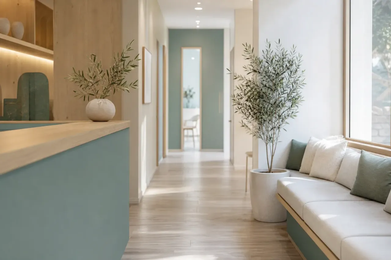 La sala d’attesa luminosa di Illumina Medica, con una panca e un corridoio verso gli ambulatori