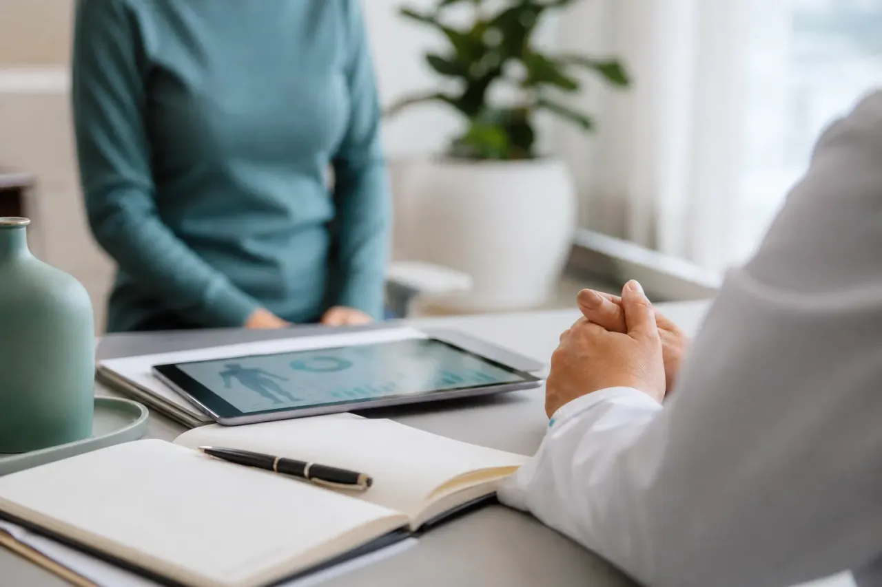 La scrivania di uno studio medico durante un colloquio, con un quaderno aperto e un tablet
