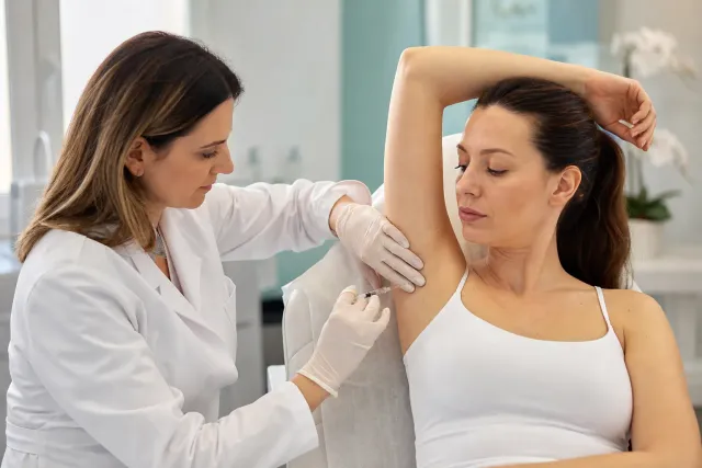 Medico che esegue piccole iniezioni nella zona ascellare di una paziente con il braccio sollevato