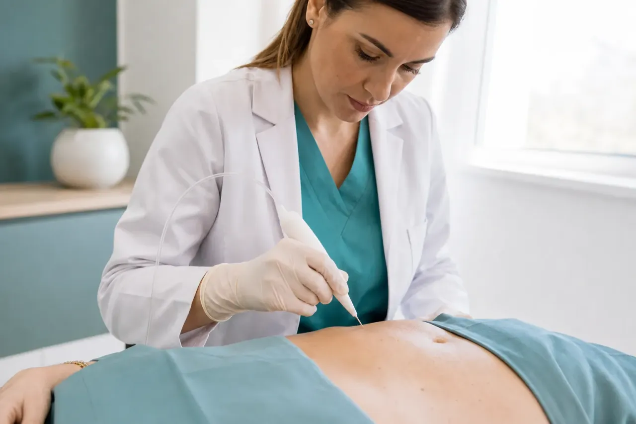Medico che tratta la pelle dell’addome con un dispositivo al plasma