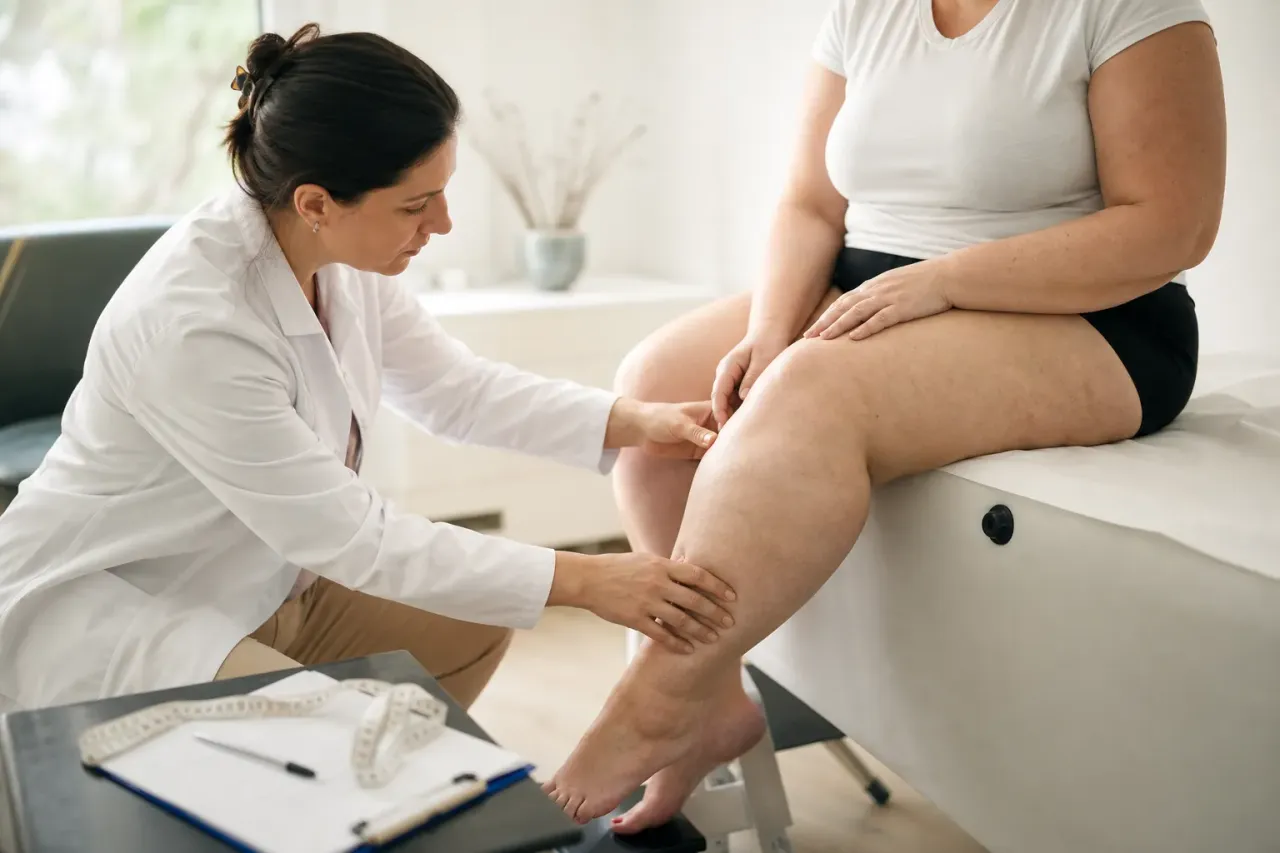 Medico che esamina le gambe di una paziente seduta durante una valutazione per lipedema