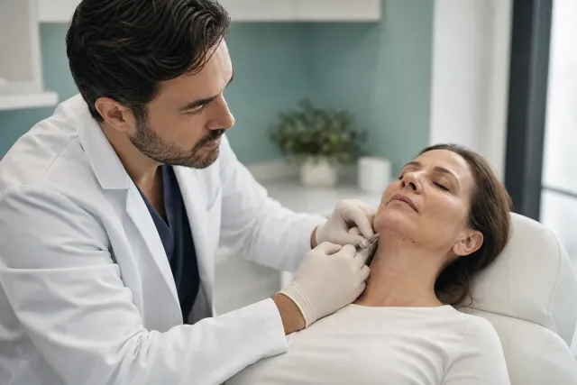 Medico che tratta un piccolo accumulo adiposo sotto il mento di una paziente distesa