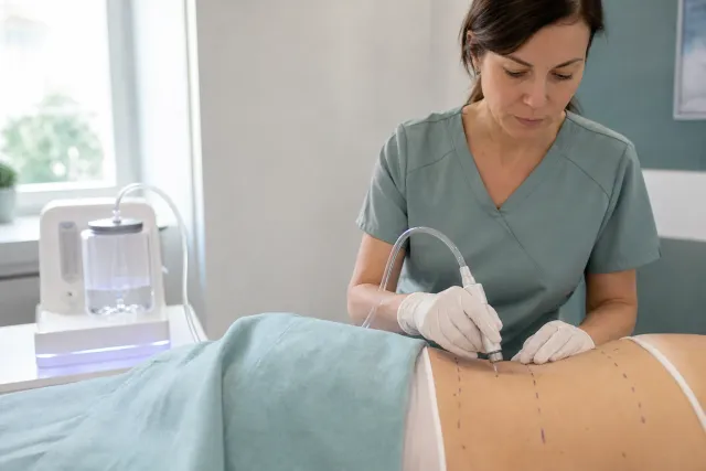 Medico che tratta il fianco di una paziente sul lettino con un apparecchio per carbossiterapia