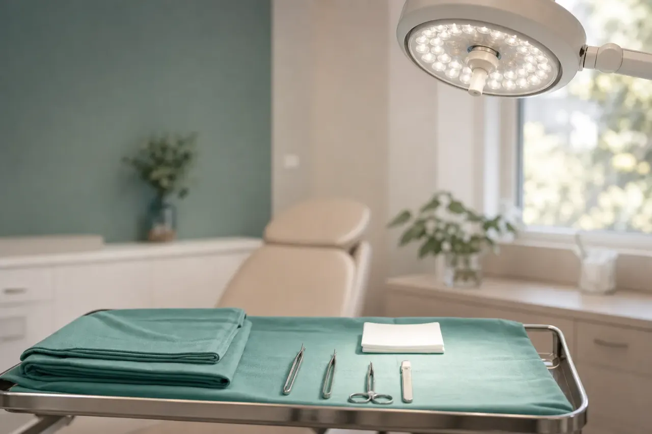 Carrello per piccoli interventi ambulatoriali con teli sterili, pinze e manico di bisturi