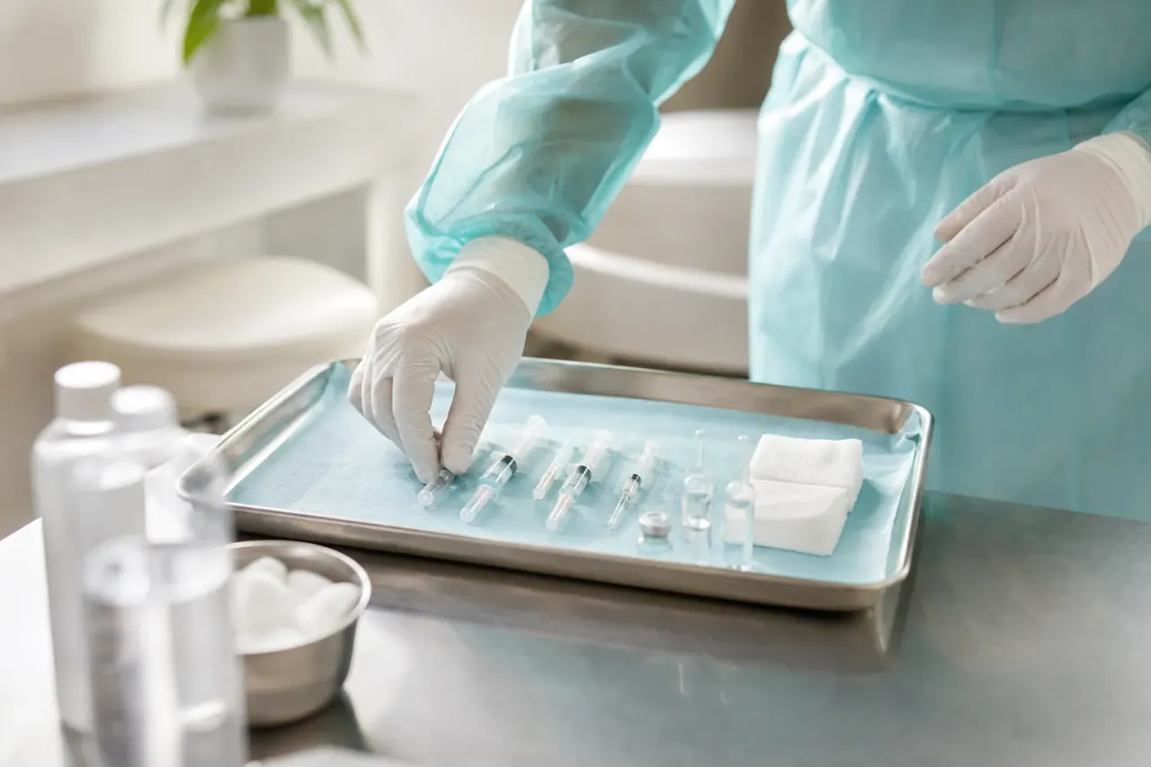 Vassoio sterile con siringhe sottili, fiale e garze in una sala trattamenti