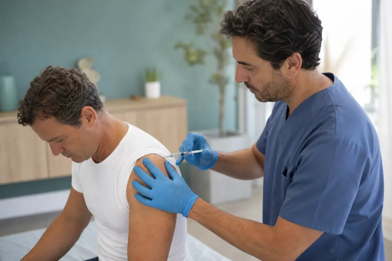 Medico che esegue iniezioni terapeutiche sulla spalla di un paziente seduto