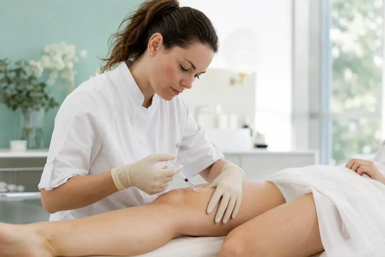 Medico che esegue microiniezioni di mesoterapia sulla coscia di una paziente sul lettino