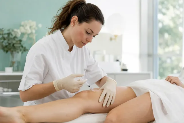 Medico che esegue microiniezioni di mesoterapia sulla coscia di una paziente sul lettino