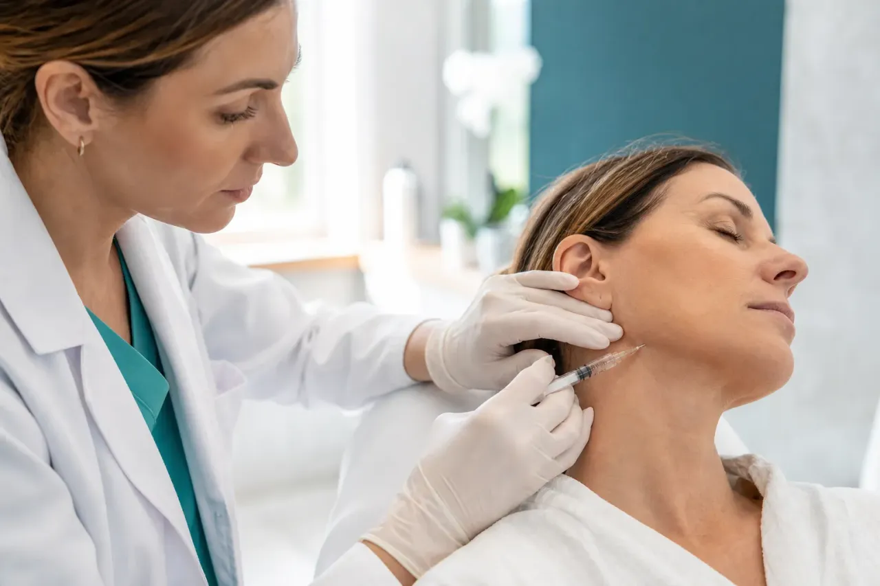 Medico che esegue un trattamento iniettivo lungo la mandibola e il collo di una paziente distesa