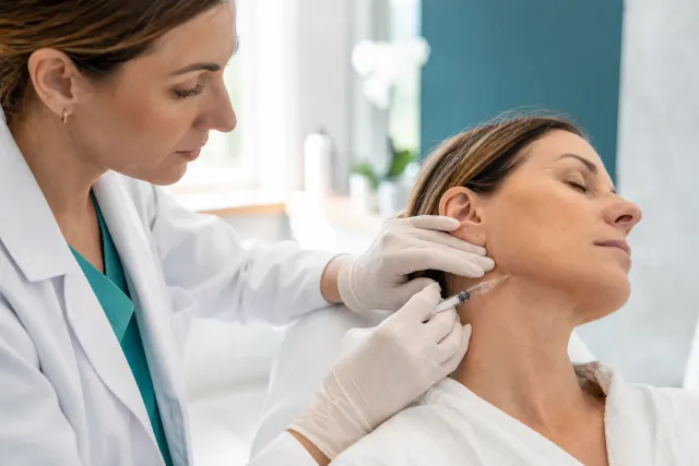 Medico che esegue un trattamento iniettivo lungo la mandibola e il collo di una paziente distesa