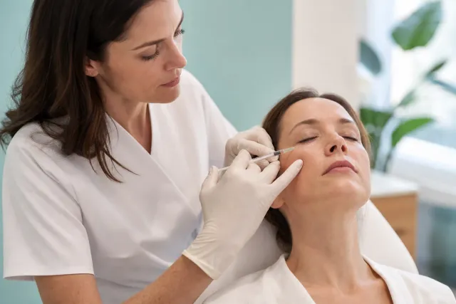 Medico che esegue una microiniezione nella zona sotto l’occhio di una paziente con gli occhi chiusi