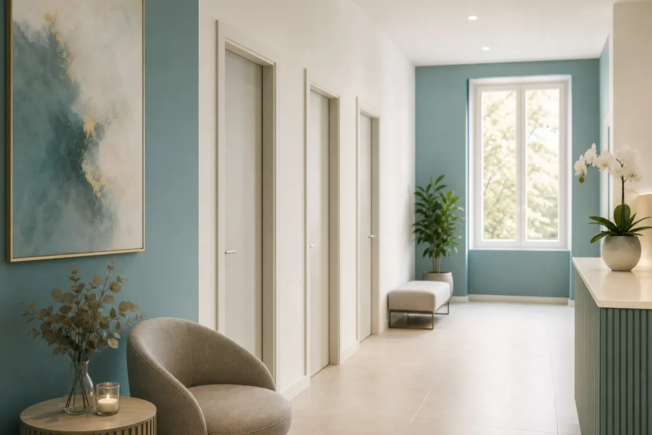 Gli ambienti di un piccolo centro medico moderno, luminosi e con accenti color acqua