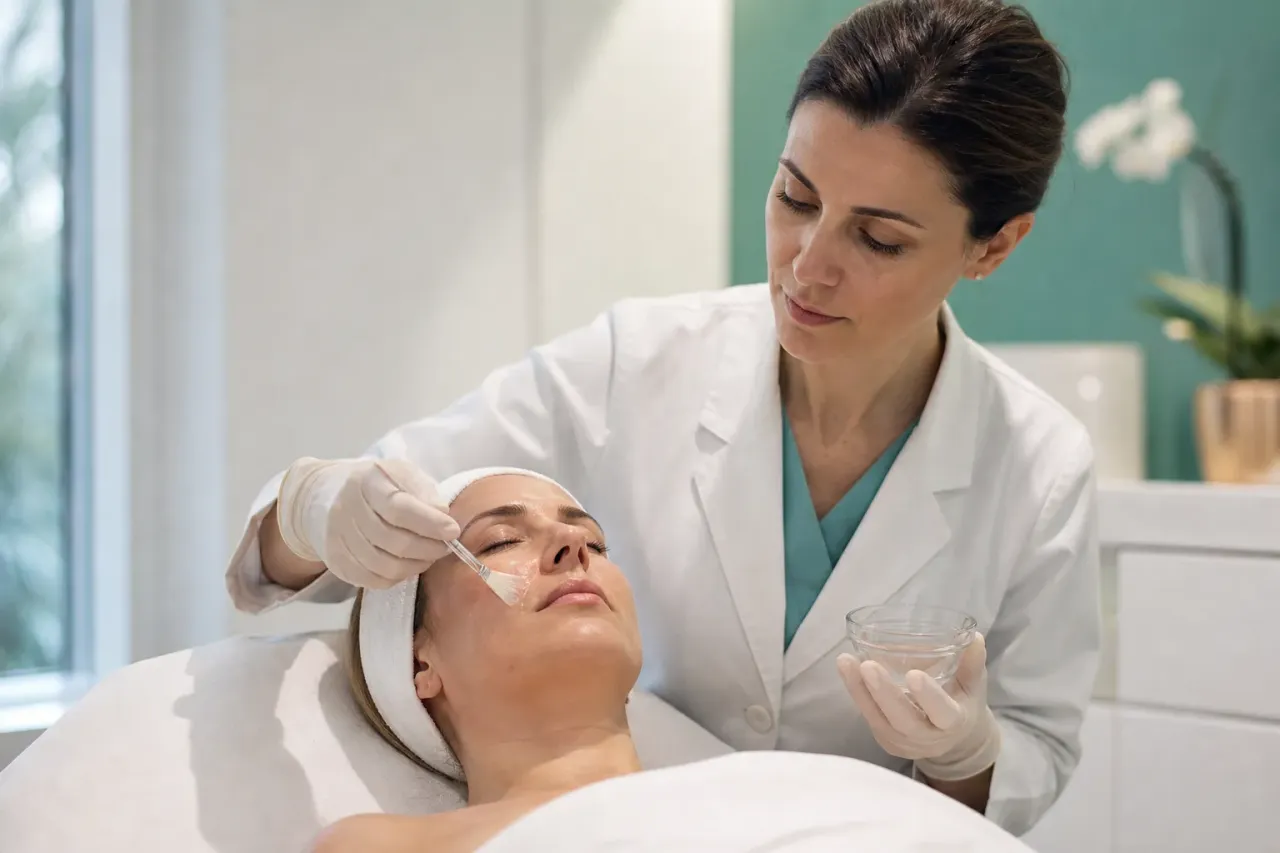 Medico che applica con un pennello una soluzione per peeling sul viso di una paziente