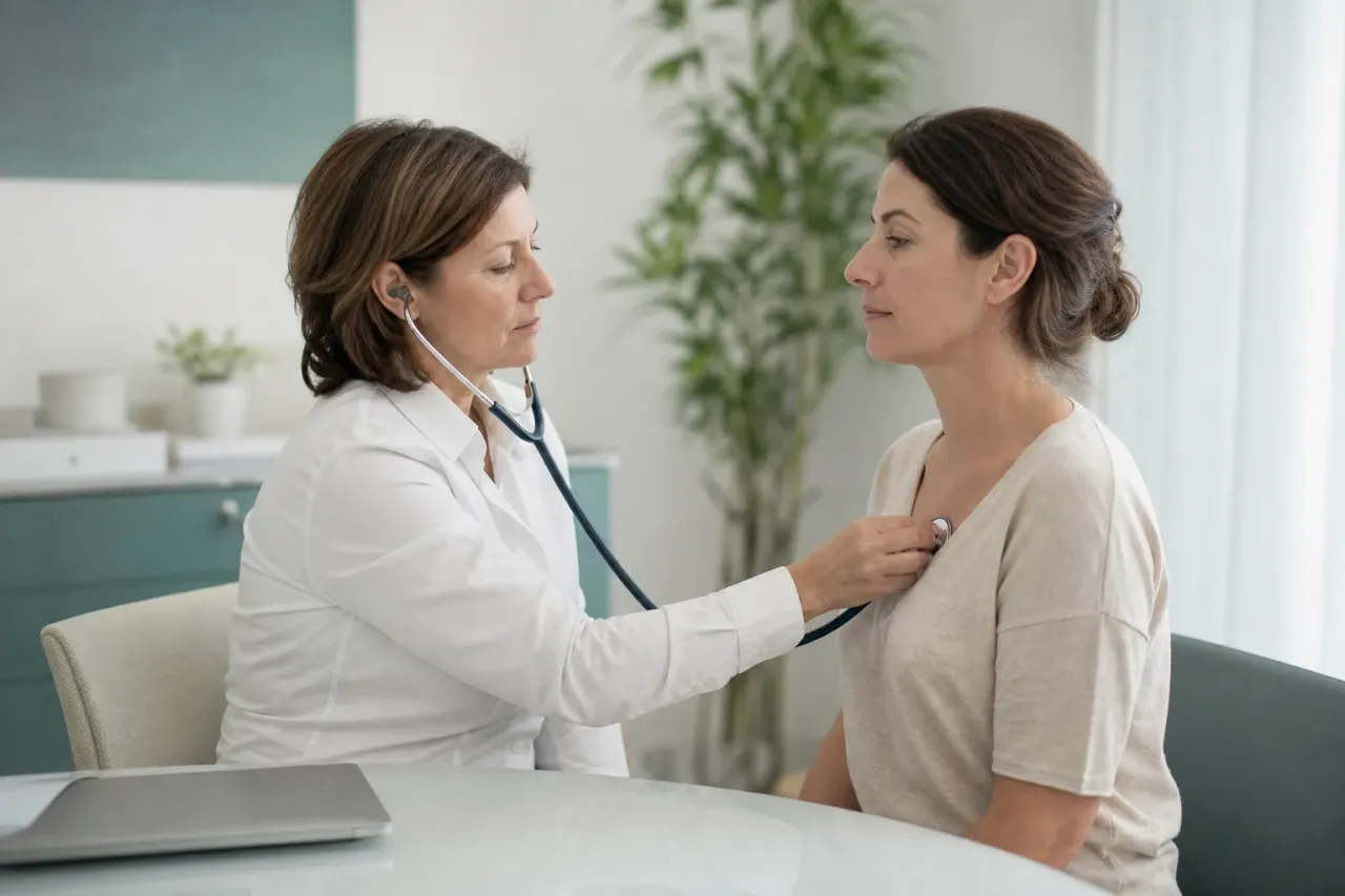 Medico di medicina generale che visita con lo stetoscopio un paziente seduto