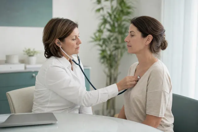 Medico di medicina generale che visita con lo stetoscopio un paziente seduto