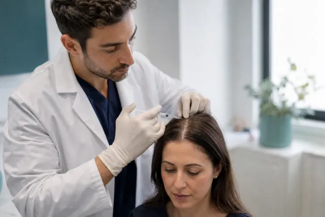 Medico che esegue microiniezioni sul cuoio capelluto lungo la riga dei capelli