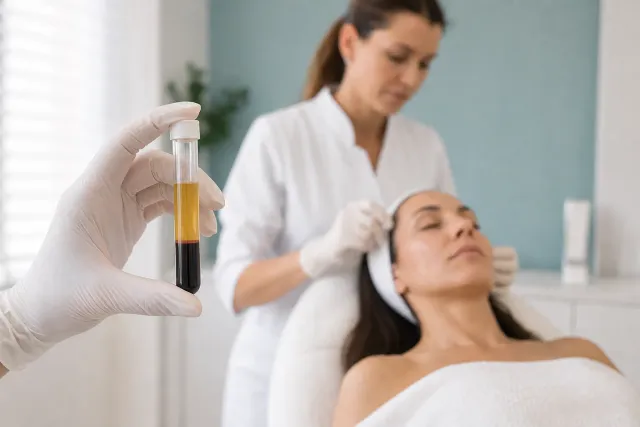 Provetta di plasma separato in primo piano, con un medico che prepara un trattamento del viso