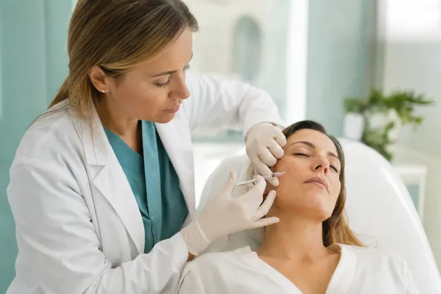 Medico che inietta una soluzione idratante nella pelle della guancia con un ago sottile
